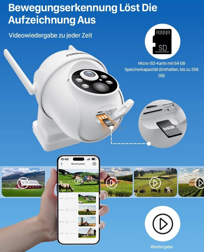 FOSSENXE 4G lauko apsaugos kamera su saulės baterija, 2K 4 MP PTZ, SIM kortelė, 64 GB atmintis, IP66, PIR judesio jutiklis, F15