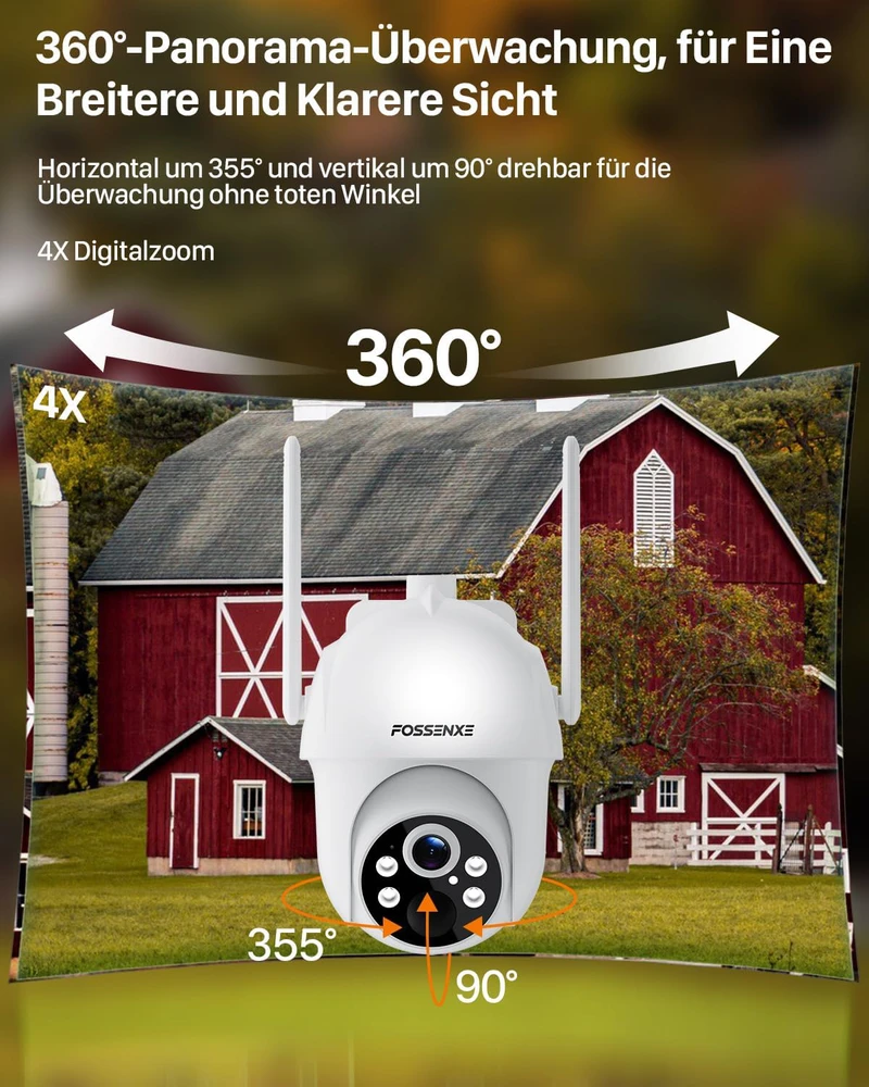 FOSSENXE 4G lauko apsaugos kamera su saulės baterija, 2K 4 MP PTZ, SIM kortelė, 64 GB atmintis, IP66, PIR judesio jutiklis, F15