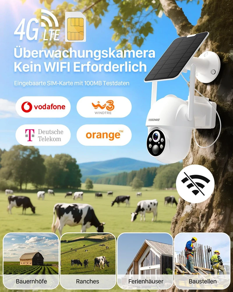 FOSSENXE 4G lauko apsaugos kamera su saulės baterija, 2K 4 MP PTZ, SIM kortelė, 64 GB atmintis, IP66, PIR judesio jutiklis, F15