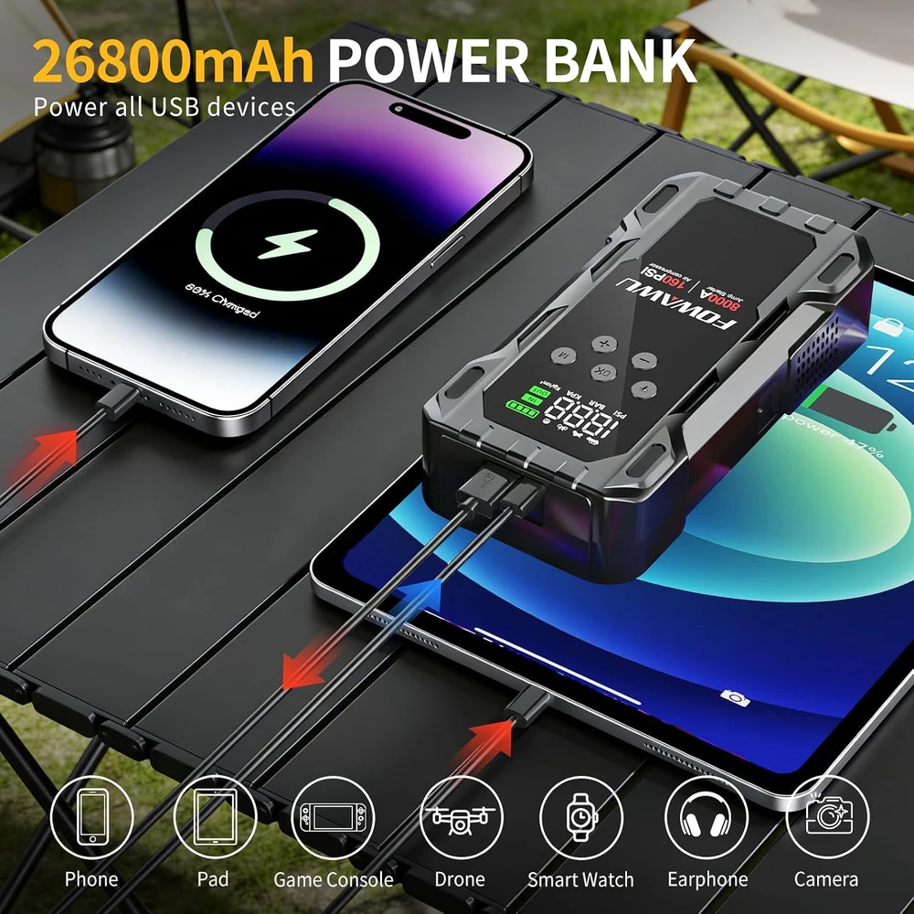 FOWAWU automobilinis užvedimo įrenginys su kompresoriumi 8000 A, 26800 mAh, 160 PSI, F808