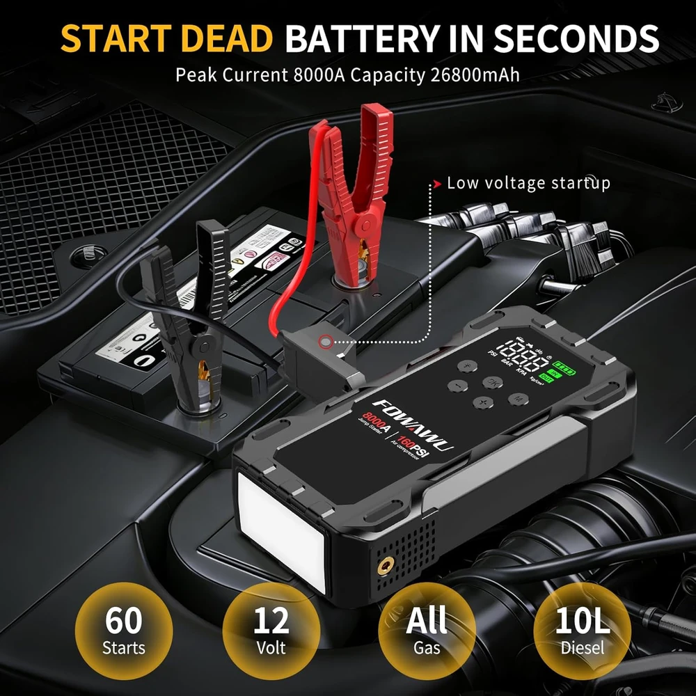FOWAWU automobilinis užvedimo įrenginys su kompresoriumi 8000 A, 26800 mAh, 160 PSI, F808