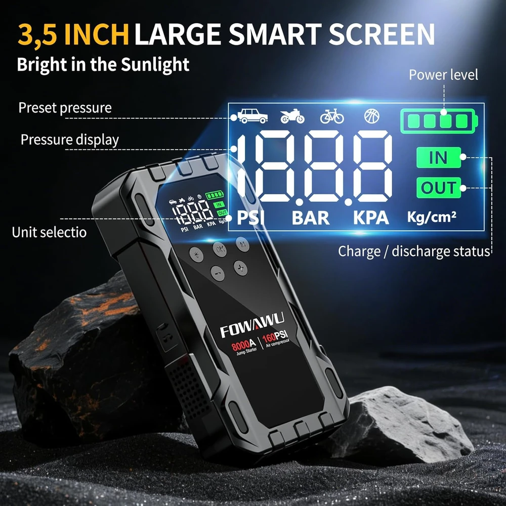 FOWAWU automobilinis užvedimo įrenginys su kompresoriumi 8000 A, 26800 mAh, 160 PSI, F808