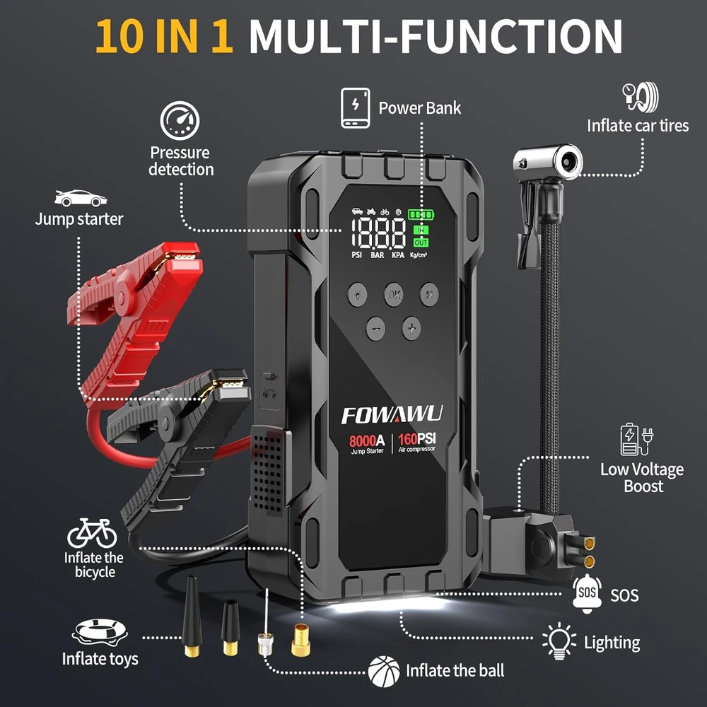 FOWAWU automobilinis užvedimo įrenginys su kompresoriumi 8000 A, 26800 mAh, 160 PSI, F808