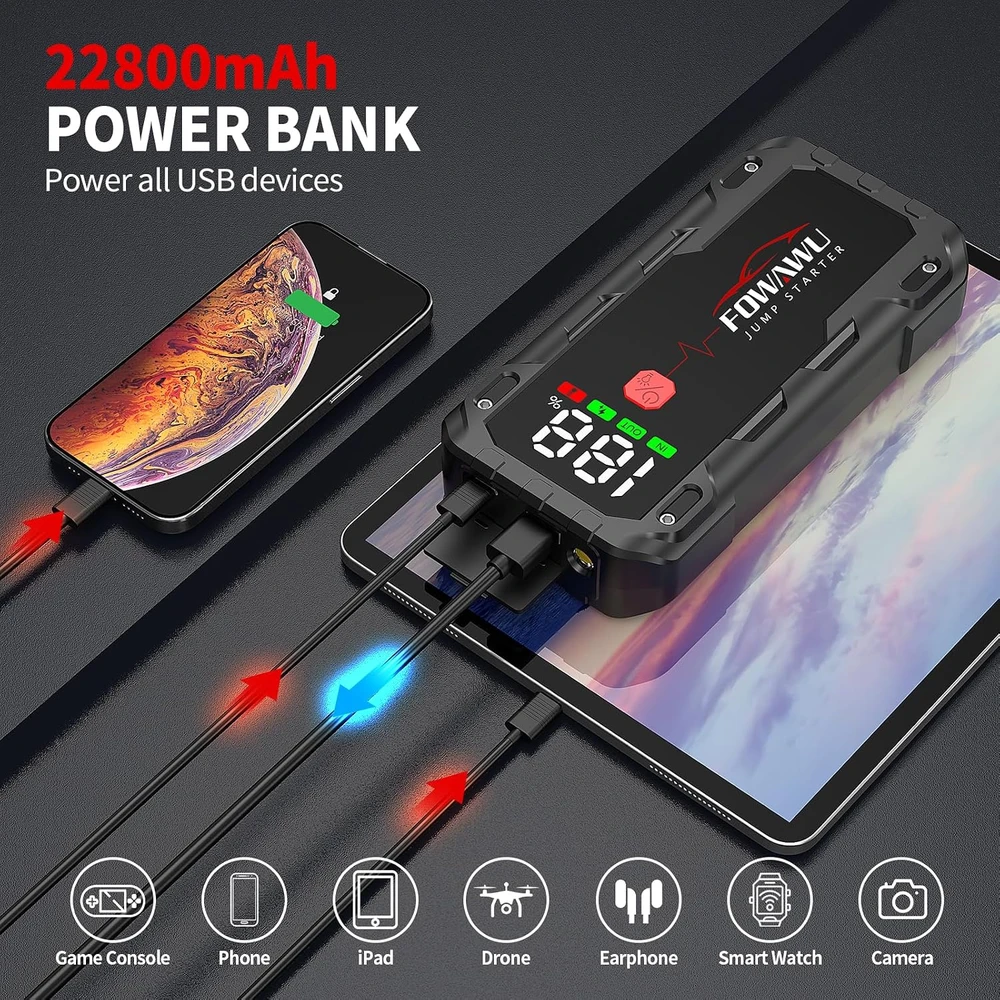 FOWAWU automobilio užvedimo įrenginys 6000 A, 22800 mAh, 12 V, F804