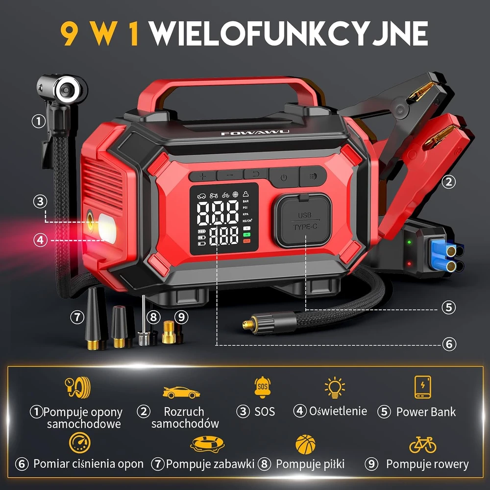 FOWAWU avarinis automobilio užvedimo įrenginys su kompresoriumi 8000 A, 150 PSI, ATJ-2002