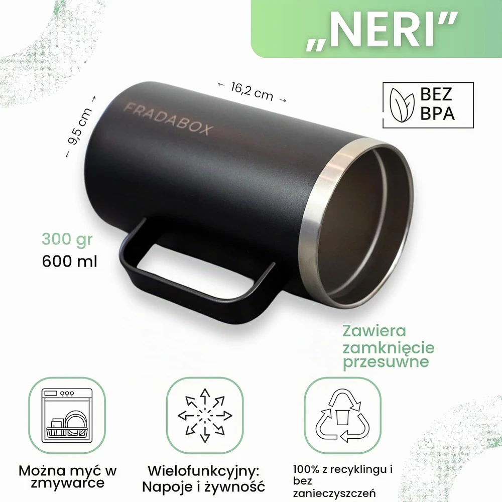 FRADABOX nerūdijančiojo plieno termopuodelis 600 ml, vakuuminis, su slankiuoju dangteliu TMB-0001-3