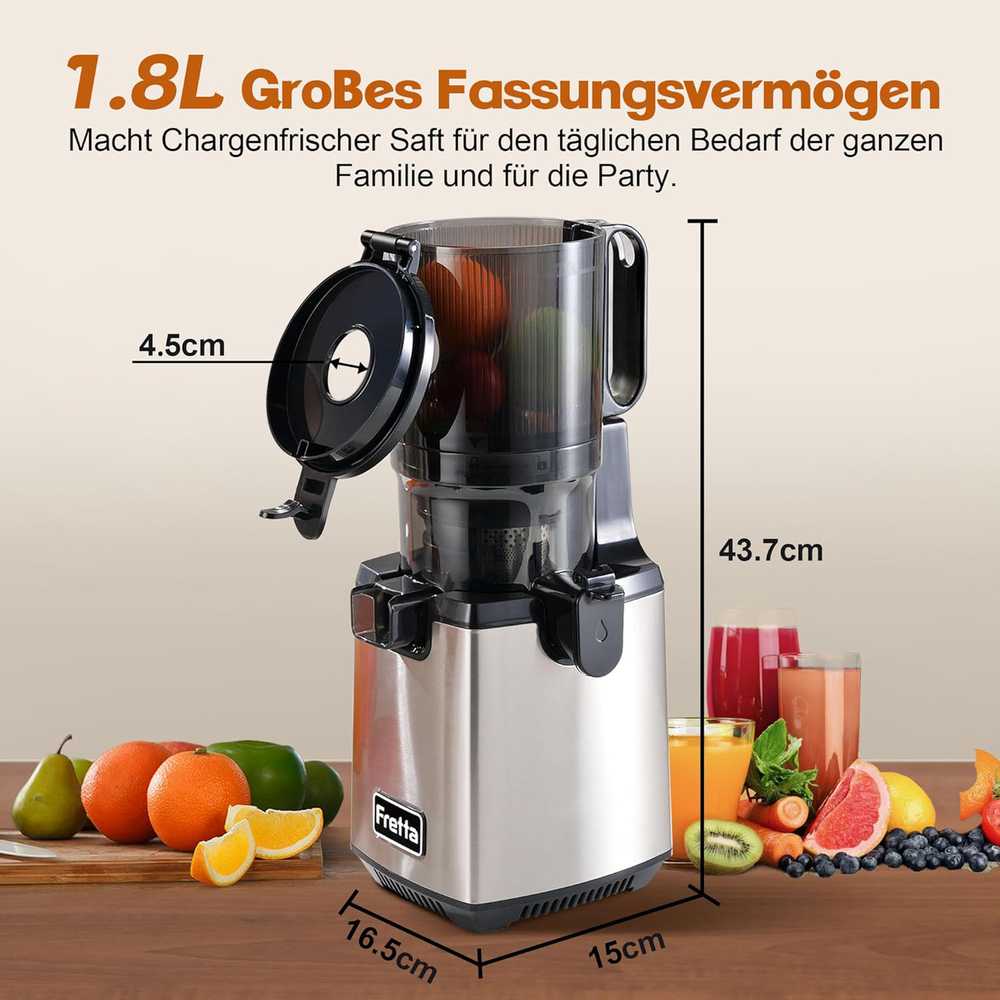 Fretta lėtaeigė sulčiaspaudė 1,8 l talpa, 250 W, plati 140 mm padavimo anga, F6000 Boost