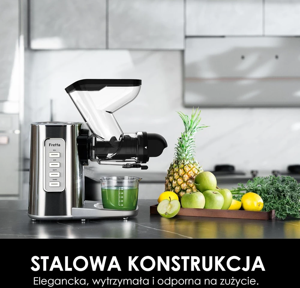 Fretta lėtaeigė sulčiaspaudė, nerūdijantis plienas, be BPA, 76 mm anga, 200 W, F3000