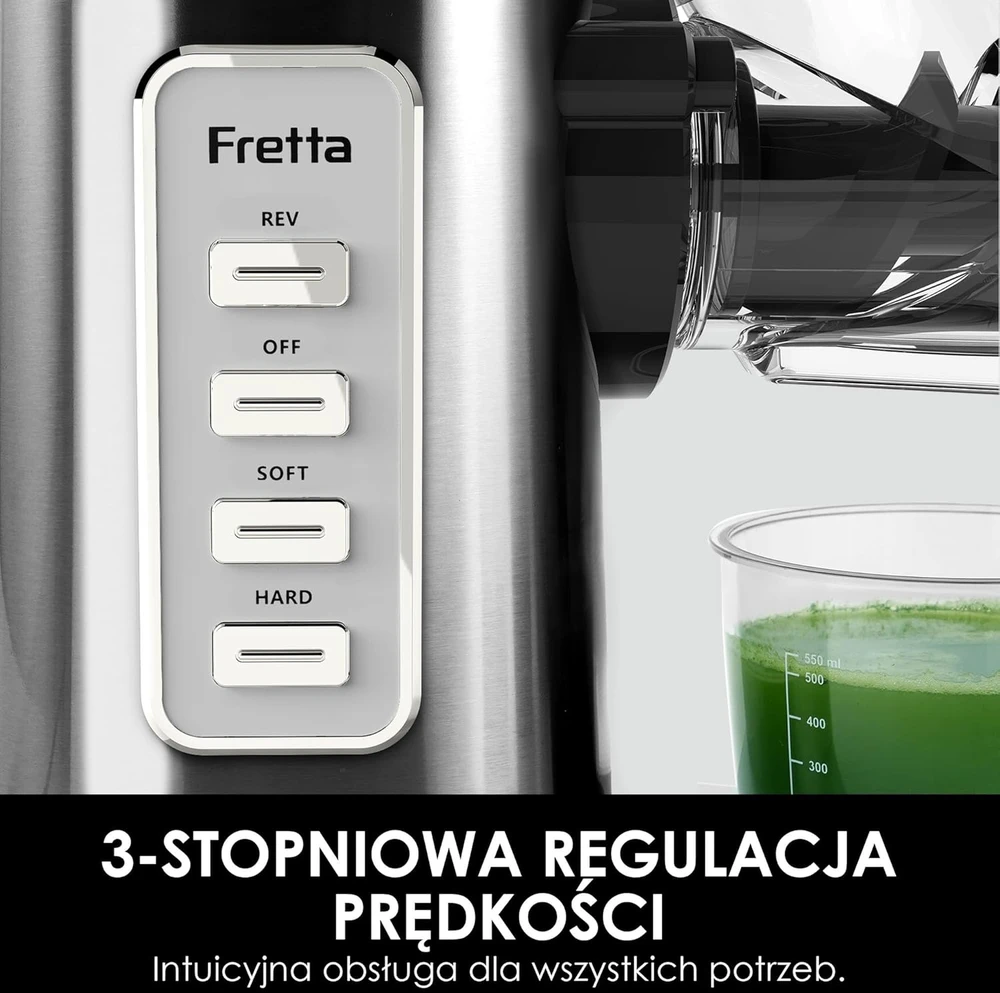Fretta lėtaeigė sulčiaspaudė, nerūdijantis plienas, be BPA, 76 mm anga, 200 W, F3000