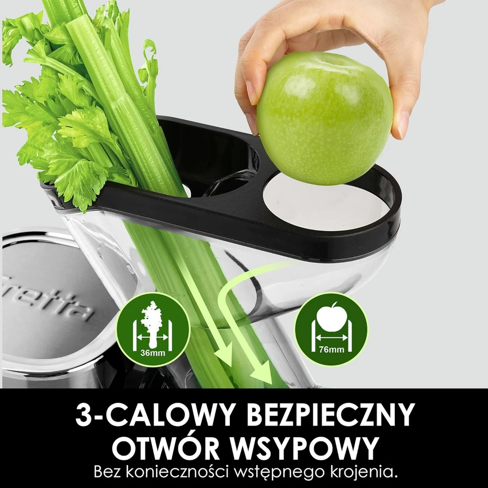Fretta lėtaeigė sulčiaspaudė, nerūdijantis plienas, be BPA, 76 mm anga, 200 W, F3000
