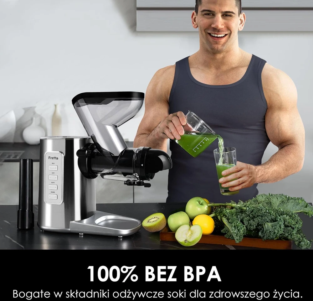 Fretta lėtaeigė sulčiaspaudė, nerūdijantis plienas, be BPA, 76 mm anga, 200 W, F3000