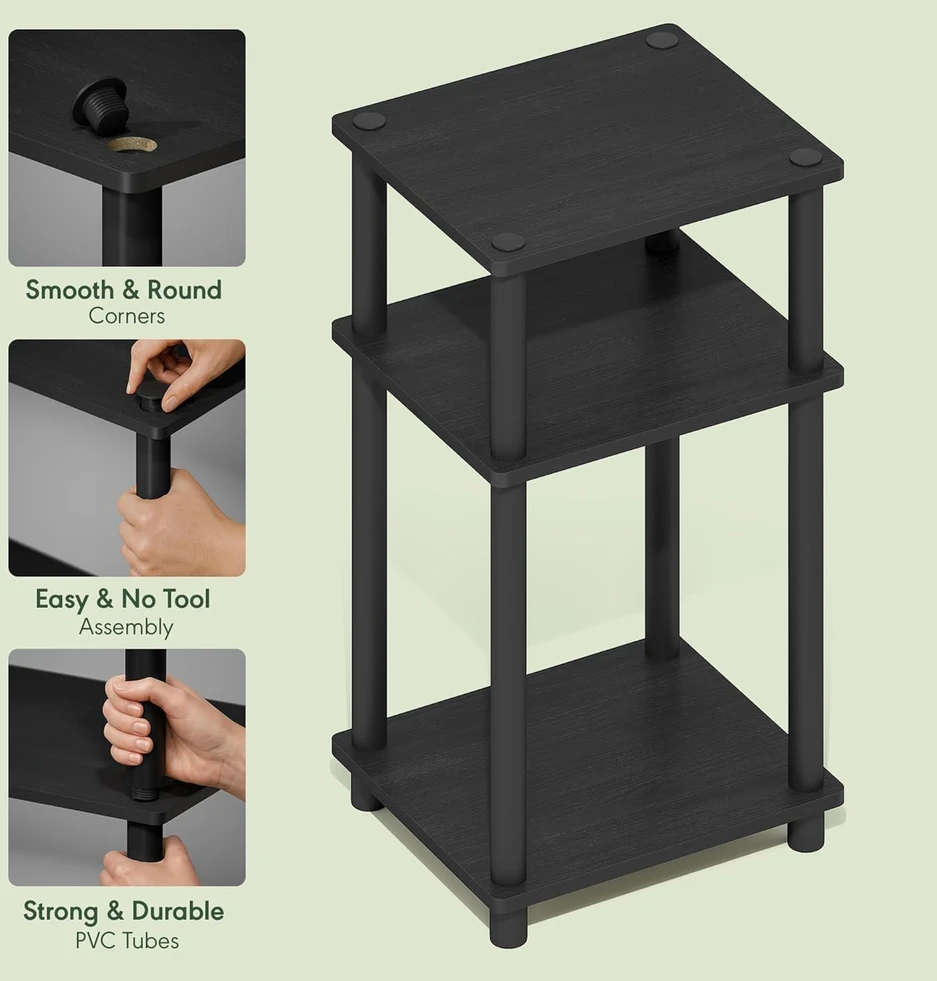 Furinno 3 lentynų kompaktiškas šoninis staliukas, inžinerinis medis, juodas, Turn-N-Tub