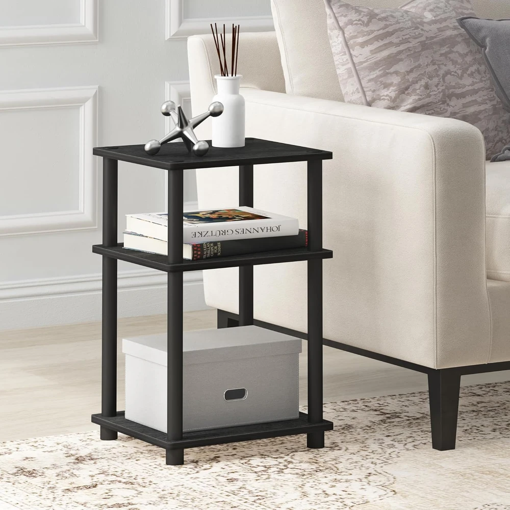 Furinno 3 lentynų kompaktiškas šoninis staliukas, inžinerinis medis, juodas, Turn-N-Tub