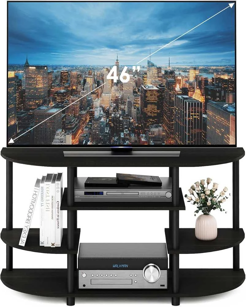 Furinno kampinė TV spintelė, medžio ir plastiko konstrukcija, 106,7 × 57,4 × 39,4 cm, espresso/juoda, 15116EX