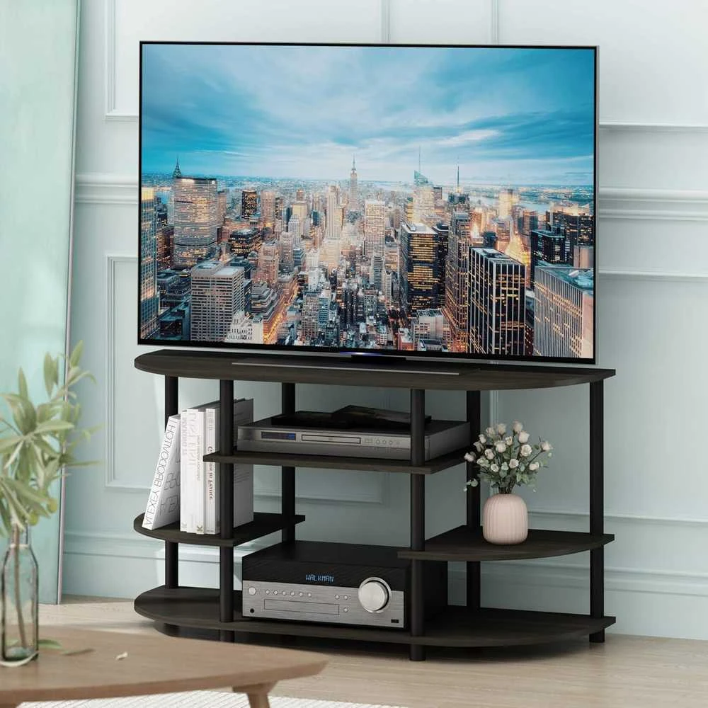 Furinno kampinė TV spintelė, medžio ir plastiko konstrukcija, 106,7 × 57,4 × 39,4 cm, espresso/juoda, 15116EX