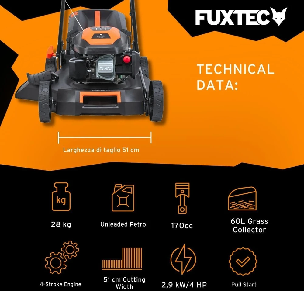 Fuxtec benzininė vejapjovė 4in1, 2,9 kW, 51 cm pjovimo plotis, galinis pavaras, FX-RM5170