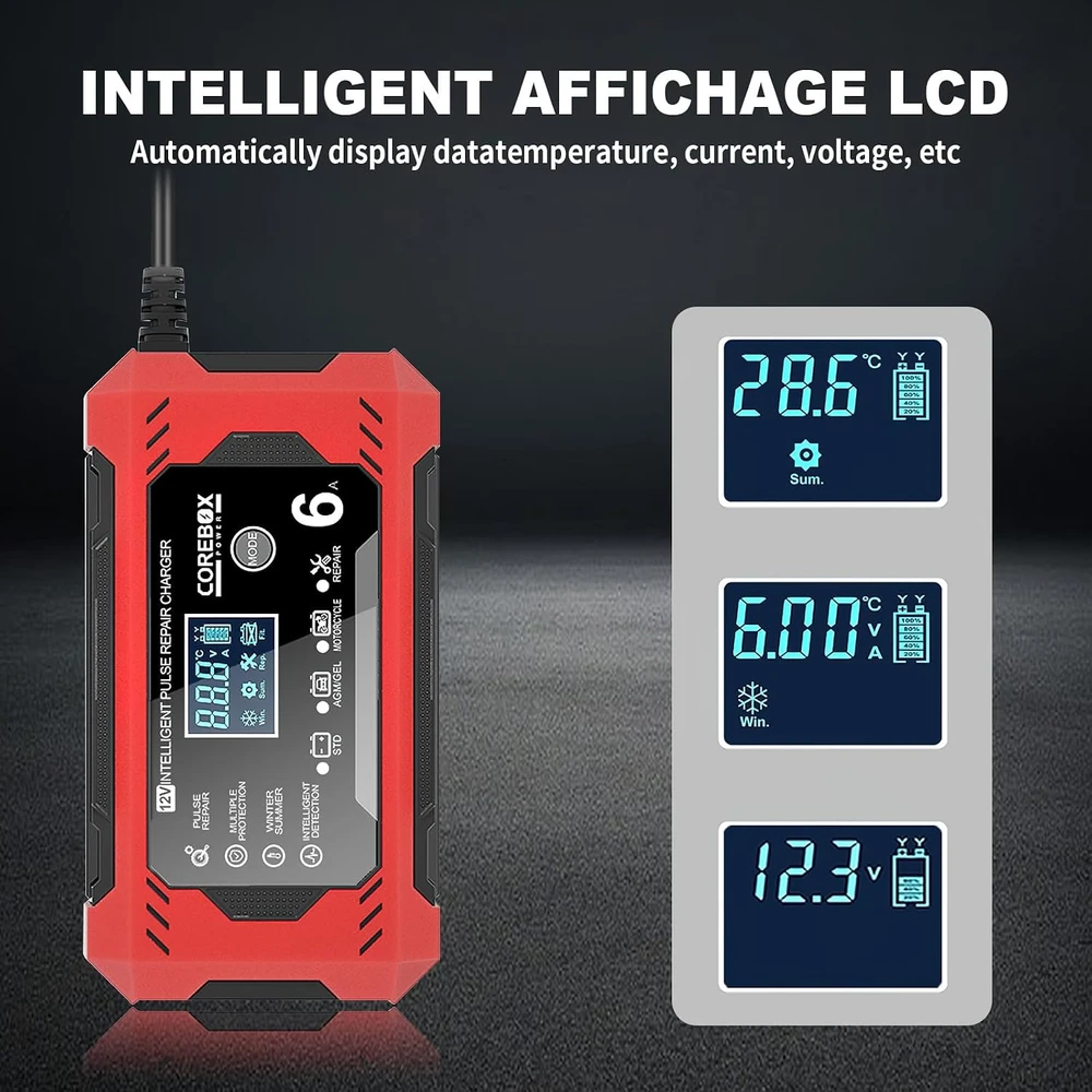 Gaethra automobilio akumuliatorių įkroviklis 12 V 6 A su LCD ekranu
