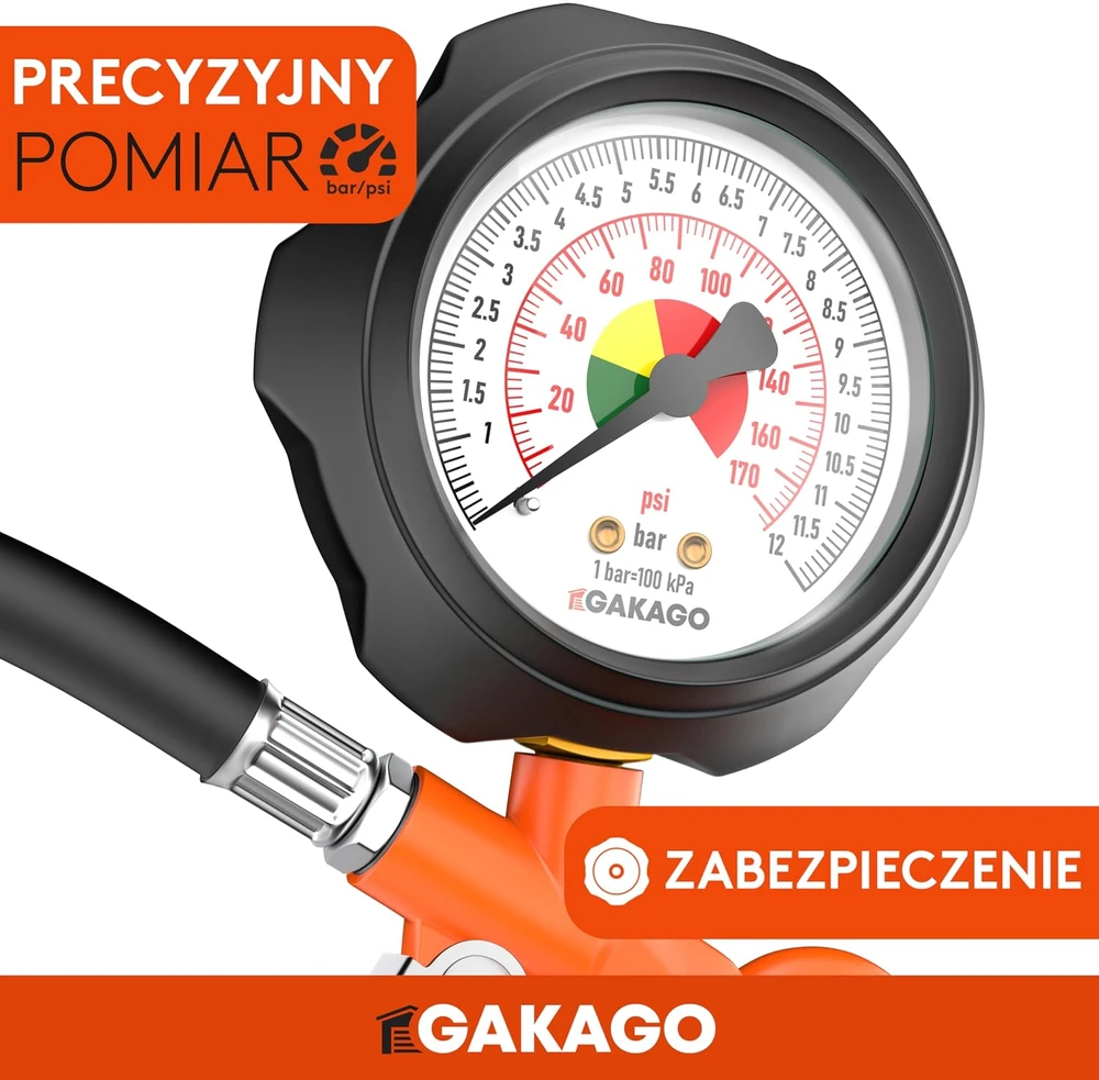 Gakago padangų pripūtimo manometras su 45 cm žarna, 0–12 bar, GK-RF