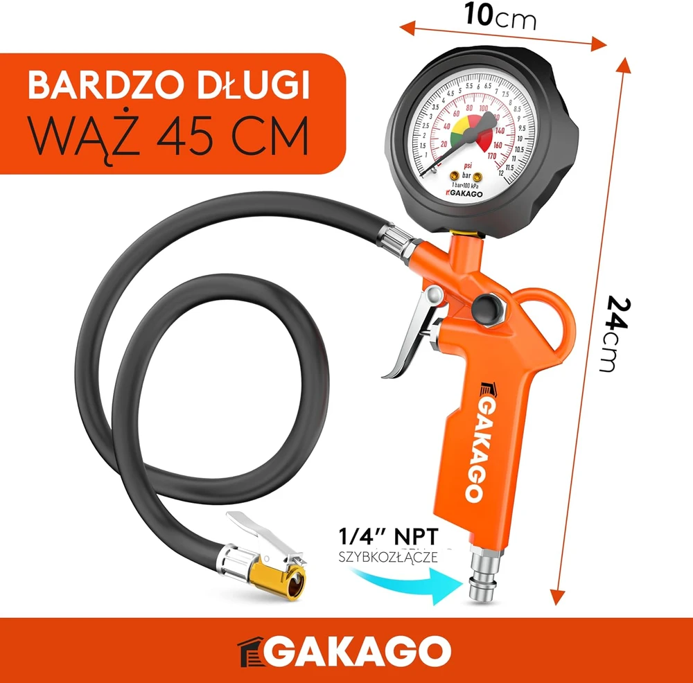 Gakago padangų pripūtimo manometras su 45 cm žarna, 0–12 bar, GK-RF