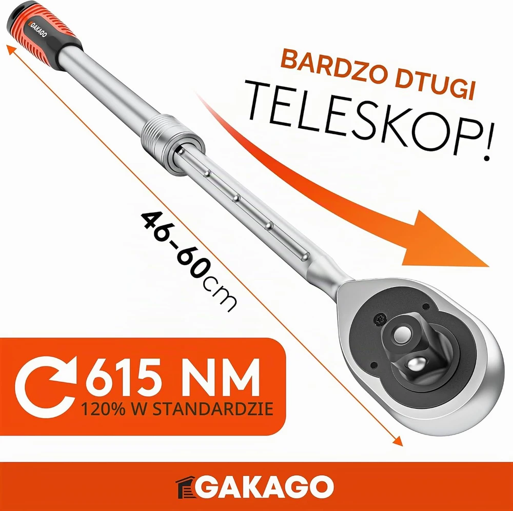 Gakago teleskopinis 1/2 col. reketinis raktas iki 60 cm, 72 dantų, 615 Nm Teleskop Knarre_450-600