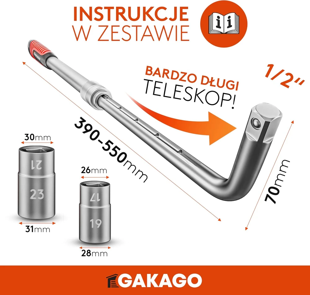 Gakago teleskopinis ratų veržlių raktas su 17/19 ir 21/23 mm galvutėmis