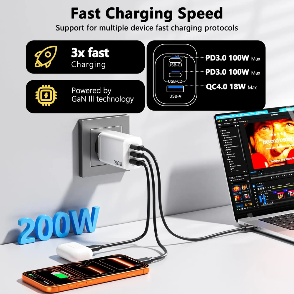 GaN Tech USB-C kroviklis 200 W, 3 jungtys, greitasis įkrovimas, PD, PPS, USB-C / USB-A, 2 m kabelis