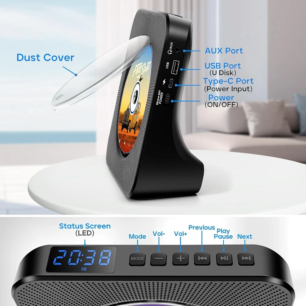 GAONAWAY nešiojamas CD grotuvas su Bluetooth, 4000 mAh baterija ir FM radiju GA-ECD-UCDDBK BY