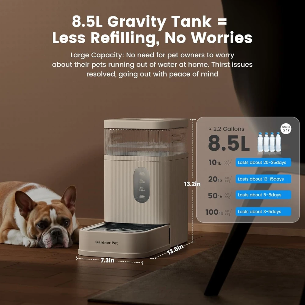 Gardner Pet automatinis gravitacinis vandens dozatorius augintiniams, 8,5 l talpa, nerūdijančio plieno dubuo