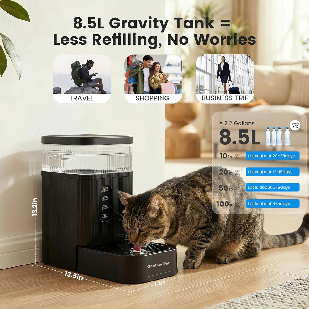 Gardner Pet automatinis gravitacinis vandens dozatorius šunims ir katėms, nerūdijančio plieno dubuo, 8,5 l