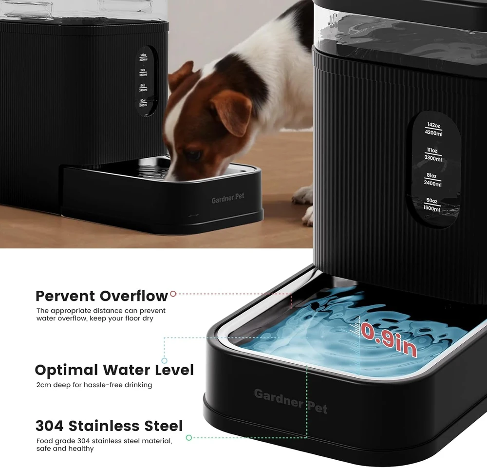 Gardner Pet automatinis vandens dozatorius šunims ir katėms, 6,5 l, nerūdijančio plieno dubuo, juodas
