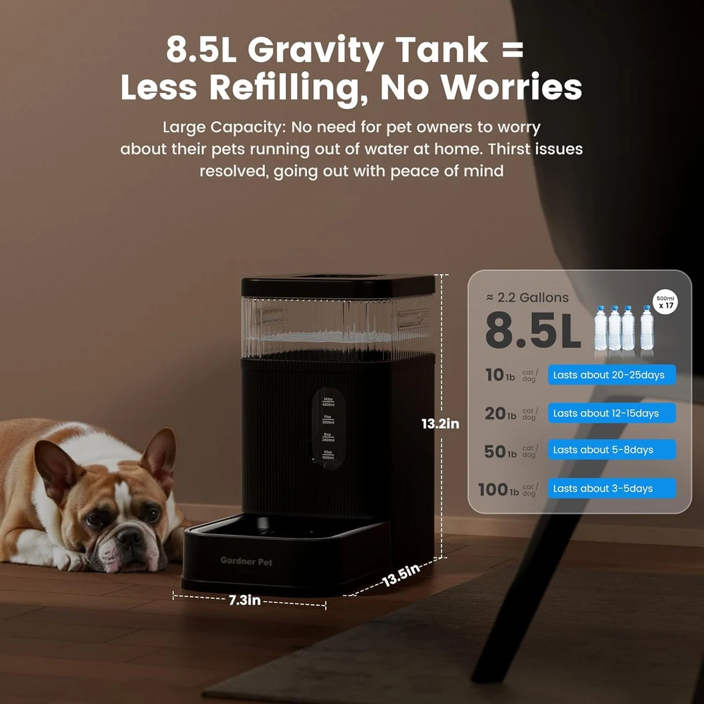 Gardner Pet automatinis vandens dozatorius augintiniams, nerūdijančio plieno dubuo, 8,5 l, juodas