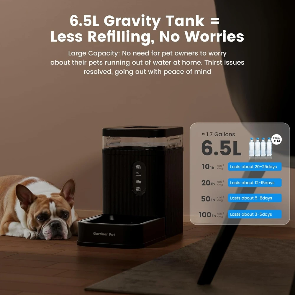Gardner Pet automatinis vandens dozatorius šunims ir katėms, 6,5 l, nerūdijančio plieno dubuo, juodas