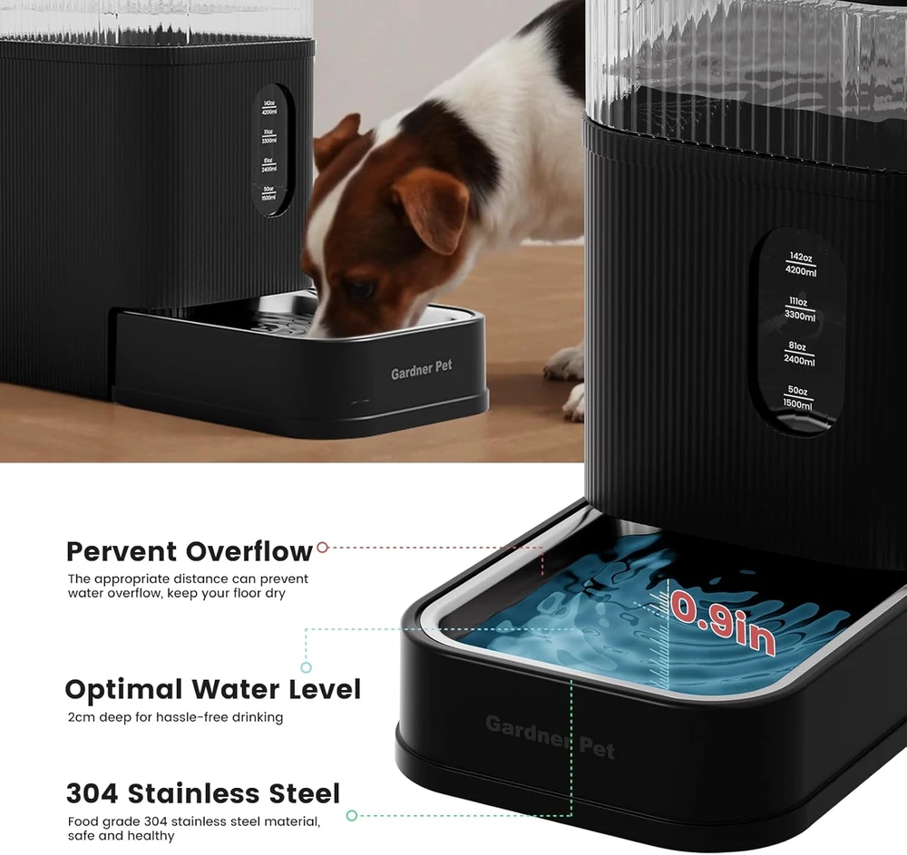 Gardner Pet automatinis vandens dozatorius augintiniams, nerūdijančio plieno dubuo, 8,5 l, juodas