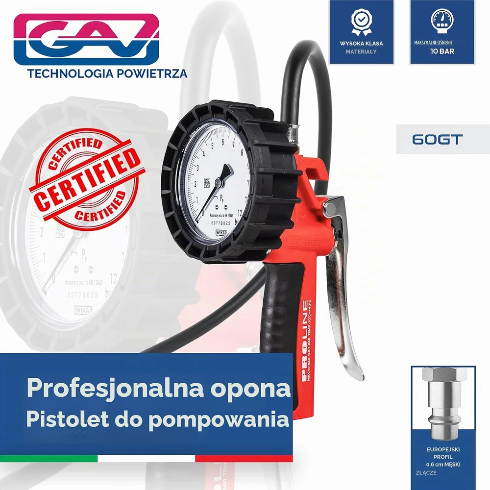GAV padangų pripūtimo pistoletas su WIKA 80 mm manometru, kalibruotas, 60 G-T