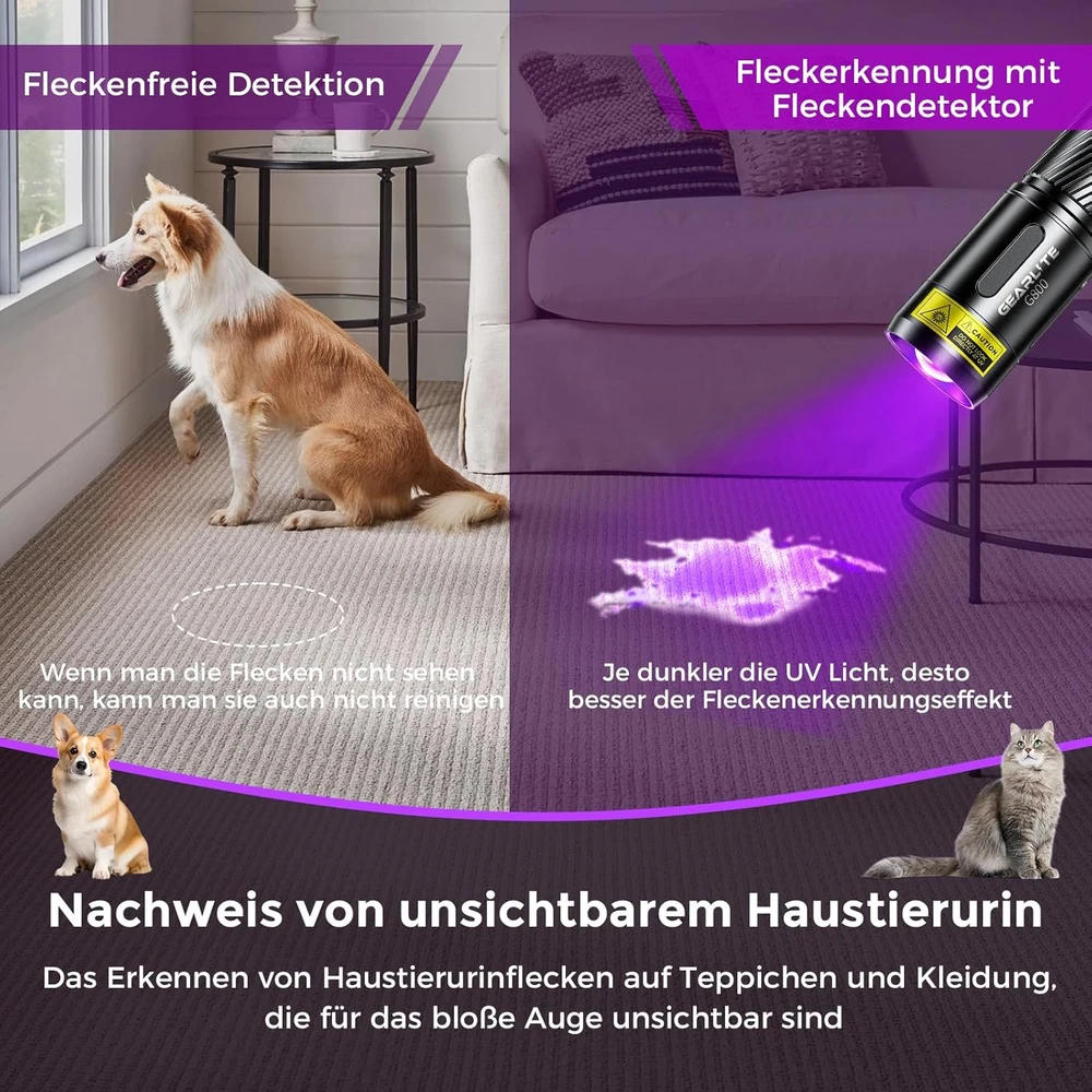 GEARLITE UV LED žibintuvėlis, 395 nm bangos ilgis, įkraunamas, atsparus vandeniui, G800-Z1