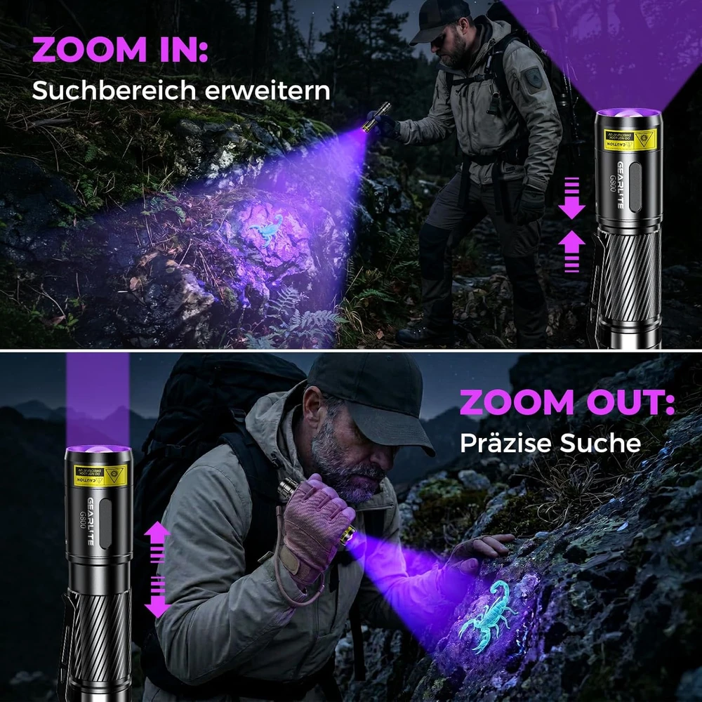 GEARLITE UV LED žibintuvėlis, 395 nm bangos ilgis, įkraunamas, atsparus vandeniui, G800-Z1