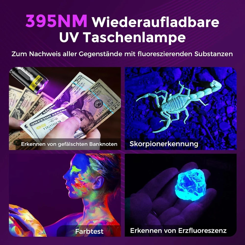 GEARLITE UV LED žibintuvėlis, 395 nm bangos ilgis, įkraunamas, atsparus vandeniui, G800-Z1
