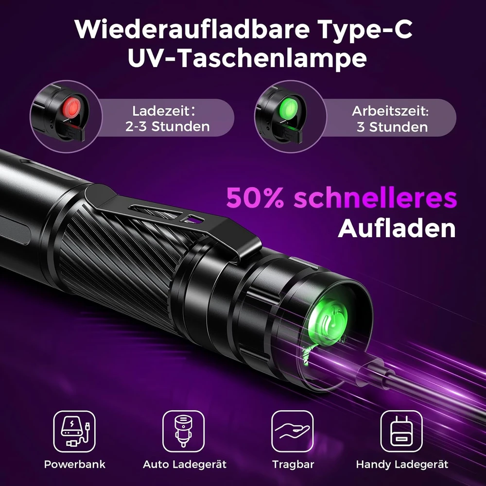 GEARLITE UV LED žibintuvėlis, 395 nm bangos ilgis, įkraunamas, atsparus vandeniui, G800-Z1