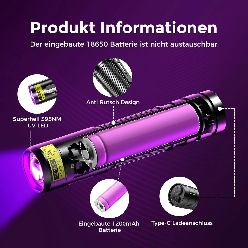 GEARLITE UV LED žibintuvėlis, 395 nm bangos ilgis, įkraunamas, atsparus vandeniui, G800-Z1