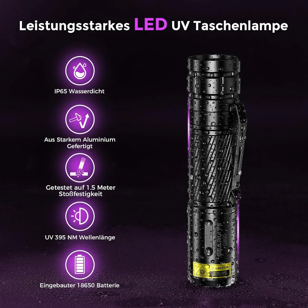 GEARLITE UV LED žibintuvėlis, 395 nm bangos ilgis, įkraunamas, atsparus vandeniui, G800-Z1