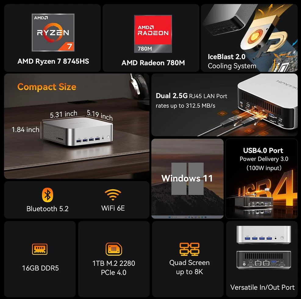 GEEKOM A8 MAX R7 mini kompiuteris su AMD Ryzen 7 8745HS, 16 GB DDR5 RAM ir 1 TB NVMe SSD