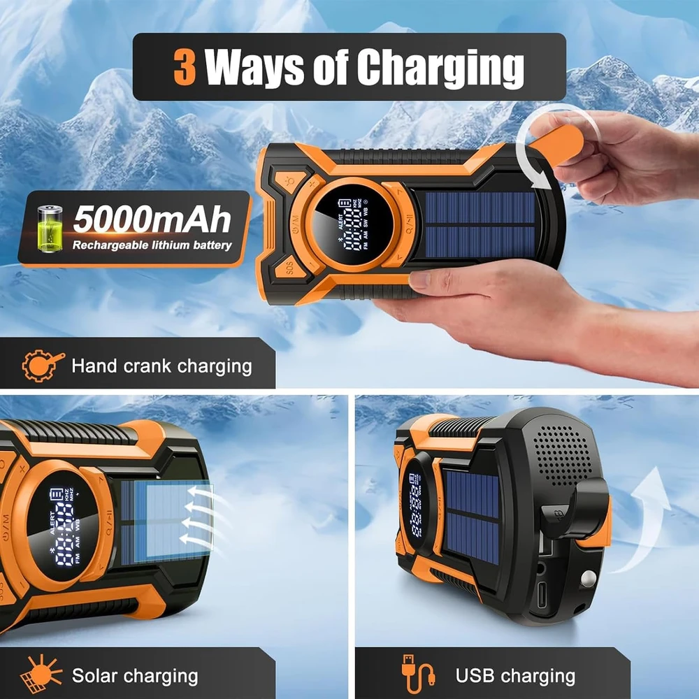 Gemmac avarinis radijas su rankiniu generatoriumi, Bluetooth, 5000 mAh, IPX5 EM03