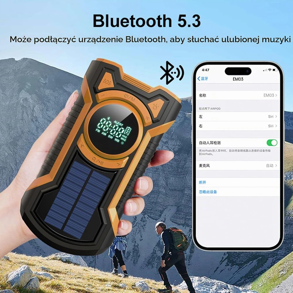 Gemmac avarinis radijas su rankiniu generatoriumi, Bluetooth, 5000 mAh, IPX5 EM03