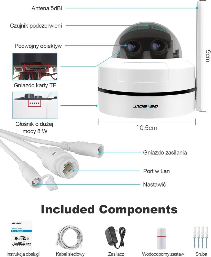 GENBOLT IP stebėjimo kamera su 2.5K raiška, PTZ, 10x optinis priartinimas, PoE, Wi-Fi, IK10, modelis GB220K