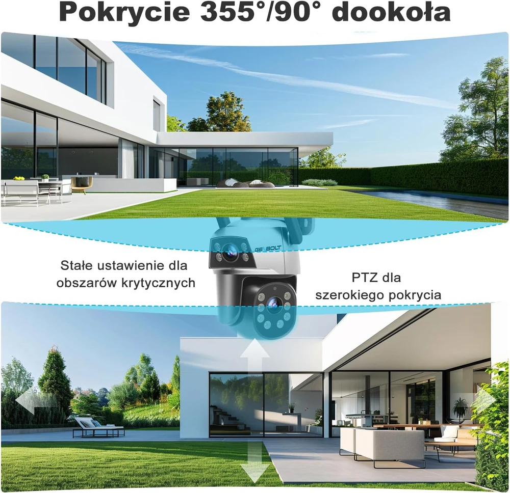 GENBOLT išorinė IP kamera su dvigubu objektyvu, 360° stebėjimu, Wi-Fi 2.4/5 GHz, spalvotu naktiniu matymu, modelis GB201HG