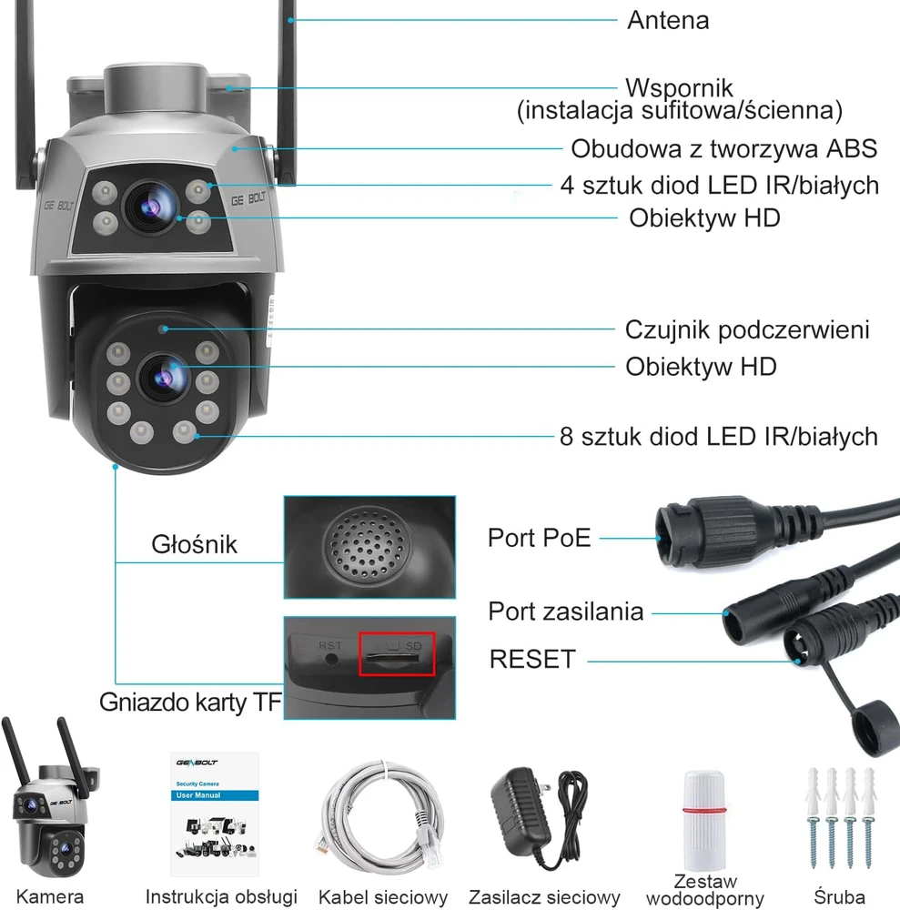 GENBOLT išorinė IP kamera su dvigubu objektyvu, 360° stebėjimu, Wi-Fi 2.4/5 GHz, spalvotu naktiniu matymu, modelis GB201HG