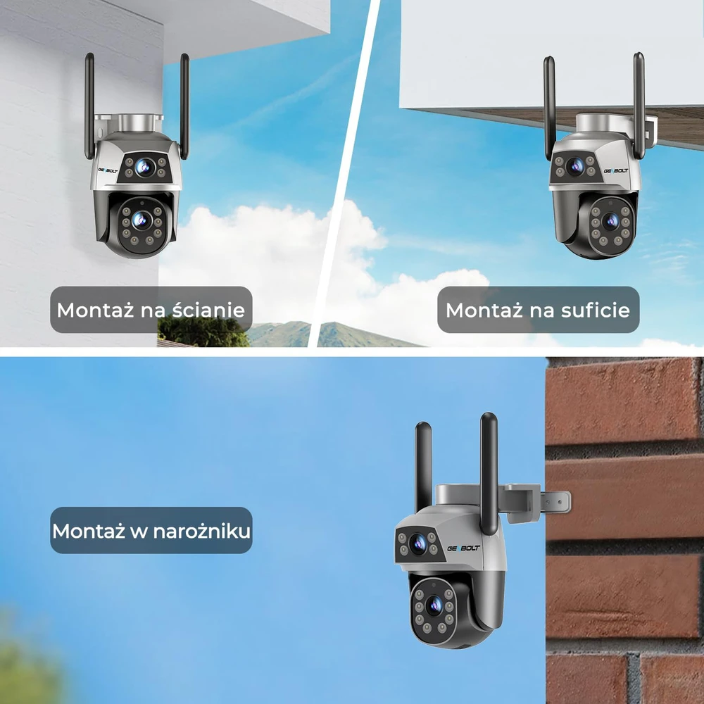 GENBOLT išorinė IP kamera su dvigubu objektyvu, 360° stebėjimu, Wi-Fi 2.4/5 GHz, spalvotu naktiniu matymu, modelis GB201HG