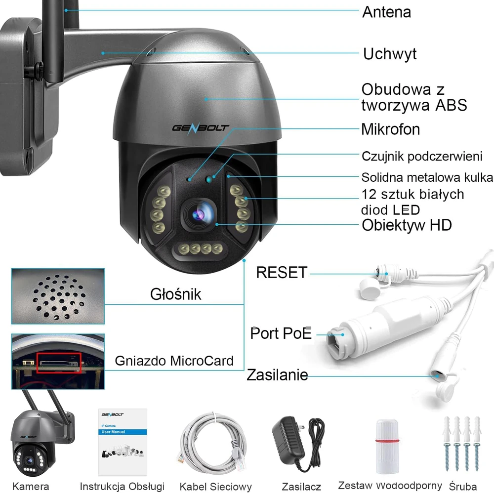 GENBOLT išorinė IP stebėjimo kamera 4K 8 MP PoE/Wi-Fi, spalvotas naktinis matymas, PTZ, GB213V