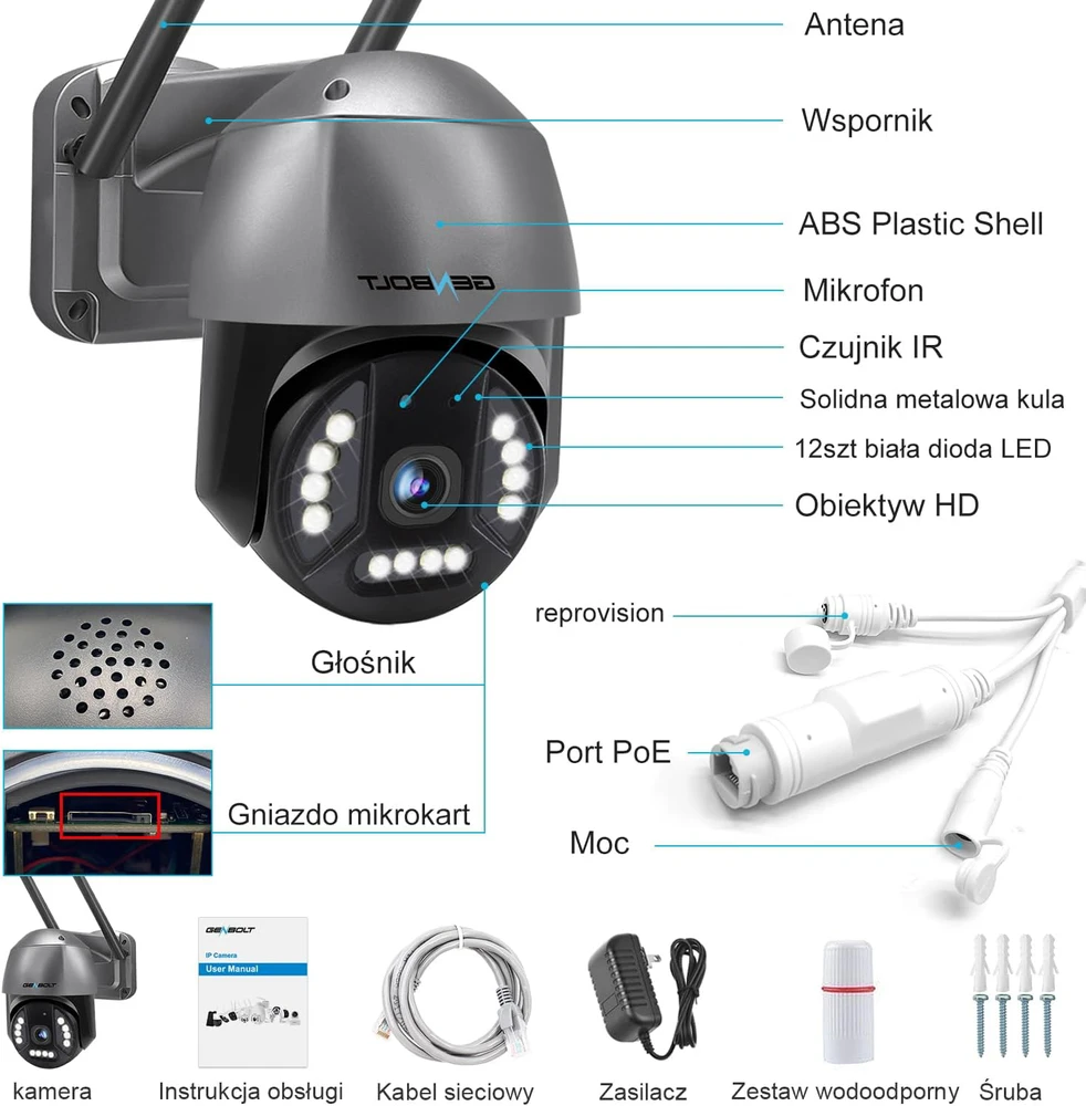 GENBOLT išorinė IP stebėjimo kamera 4K 8 MP PoE/Wi-Fi, spalvotas naktinis matymas, PTZ, GB213V