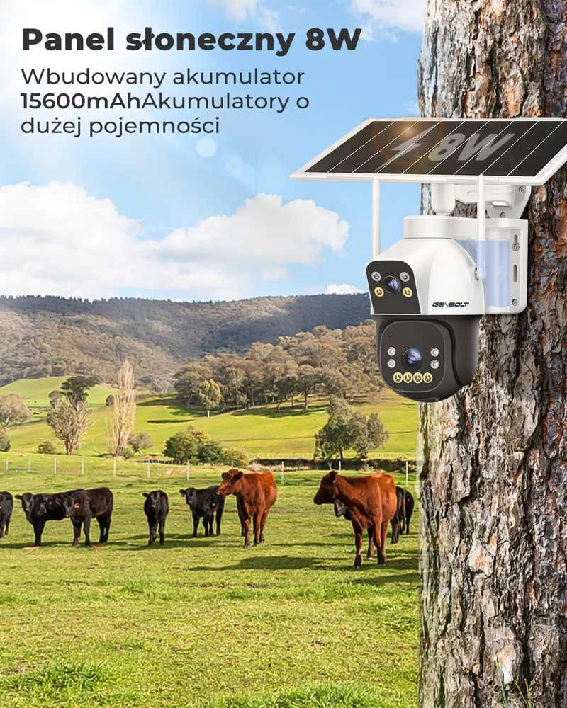GENBOLT išorinė saulės IP kamera 4G, 8 W, 15600 mAh, 3MP+3MP, automatinis sekimas, AI, IP66, GB217 K-4G